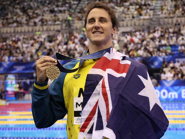 FUKUOKA, JAPAN - JULY 29:  Gold medallist Cameron McEvoy of Team Australia poses during the medal ceremony for the Men's 50m Freestyle Final on day seven of the Fukuoka 2023 World Aquatics Championships at Marine Messe Fukuoka Hall A on July 29, 2023 in Fukuoka, Japan. (Photo by Sarah Stier/Getty Images)