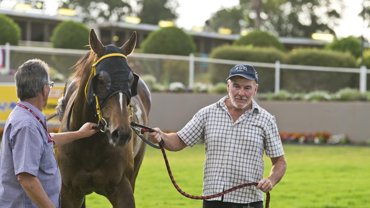 Trainer Leo Roche (right) with Colpo Di Tamburo after his Clifford Park win tonight. Picture: Kevin Farmer