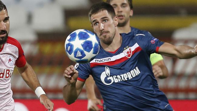 Milos Degenek in action for Red Star Belgrade against Red Bull Salzburg in the first leg of their Champions League play-off. Picture: AP