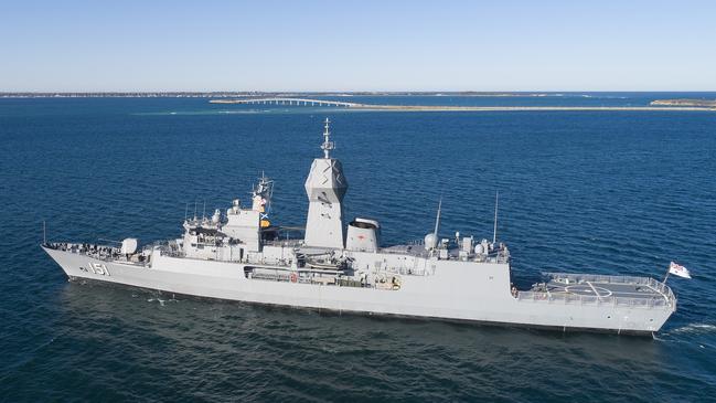 HMAS Arunta departs Fleet Base West after an anti-ship missile (ASMD) upgrade. Picture: Department of Defence