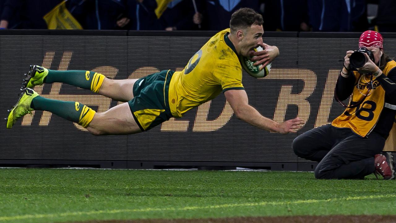 Australia’s Nic White scores a try during a Bledisloe Cup Test match in Perth.