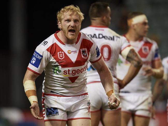 WOLLONGONG, AUSTRALIA - MARCH 15: James Graham of the Dragons reacts during the round 1 NRL match between the St George Illawarra Dragons and the Wests Tigers at WIN Stadium on March 15, 2020 in Wollongong, Australia. (Photo by Brett Hemmings/Getty Images)