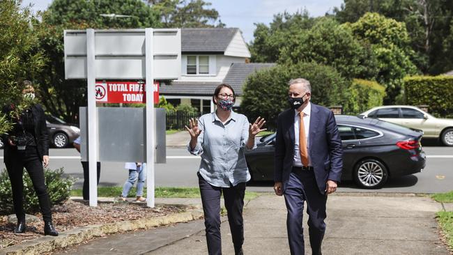 Anthony Albanese, pictured at Mt Riverview RFS with Member for Macquarie, Susan Templman. Picture: NCA NewsWire/Dylan Robinson