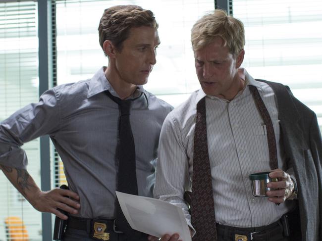 Matthew McConaughey and Woody Harrelson in a scene from True Detective.