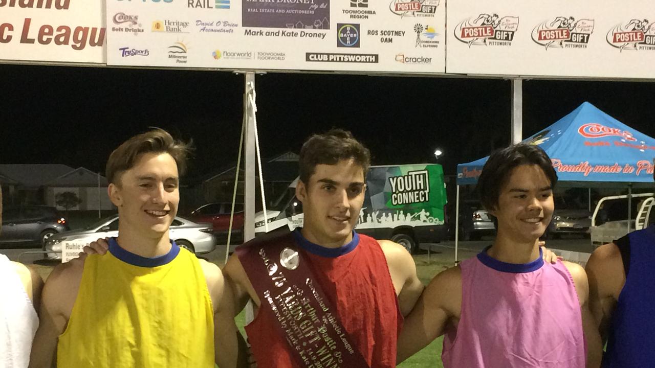 Max Mason (centre) celebrates his 2019 Arthur Postle Gift win with fellow race finalists Josh Cowley (left) and Kerryn Ryan.