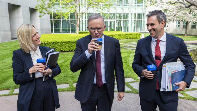 Prime Minister Anthony Albanese, Treasurer Jim Chalmers and Finance Minister Katy Gallagher at Parliament House ahead of the government’s first budget. Picture: Martin Ollman/Getty Images