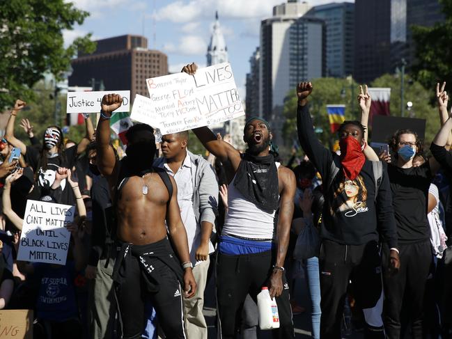 Protesters gather on the Ben Franklin Parkway in Philadelphia. Picture: AP