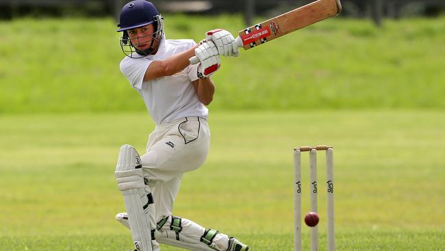 Sam Smillie batting during the under-15s div two junior cricket grand final between Cobbitty Narellan v Collegians at Stromferry Oval, St Andrews. Picture: Jonathan Ng