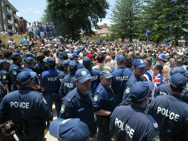 11 Dec 2005 Locals and supporters of the Australian way of life at North Cronulla Beach. People of middle eastern appearance were bashed and chased by gangs of thousands after the celebrations turned into angry rioting. crowd nsw police demonstrations - precursor to Sydney riots