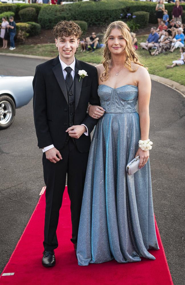 Graduates Riley Cuthbert and Nicolene Snyman arrive at Mary MacKillop Catholic College formal at Highfields Cultural Centre, Thursday, November 14, 2024. Picture: Kevin Farmer