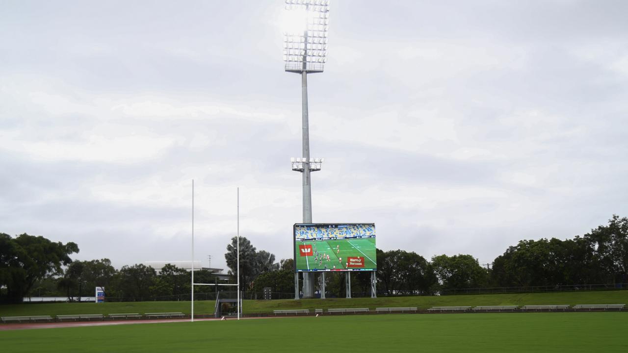 A view of one of four new lighting poles and the new video screen at Barlow Park, as part of a $10.9m audiovisual upgrade funded by the Cairns Regional Council and the State Government.