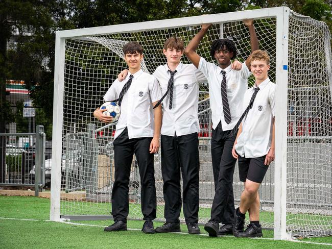 Ashfield Boys High School Year 11 students Isaiah Cham, Joe Dempsey-Martin, Ali Abilba and Zac Argiratos begrudgingly accepted the phone ban at first. Now they say it’s helped them cut down on their screen time. Picture: Tom Parrish