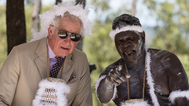 Prince Charles speaks with an indigenous elder during a Welcome to Country Ceremony at Mt Nhulun in Gove, Arnhem Land.