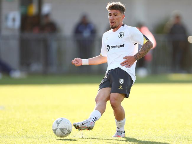 MELBOURNE, AUSTRALIA - SEPTEMBER 14: Frans Deli of Macarthur FC passes the ball during the 2024 Australia Cup Quarter Final match between Oakleigh Cannons and Macarthur FC at Home of the Matildas on September 14, 2024 in Melbourne, Australia. (Photo by Morgan Hancock/Getty Images)