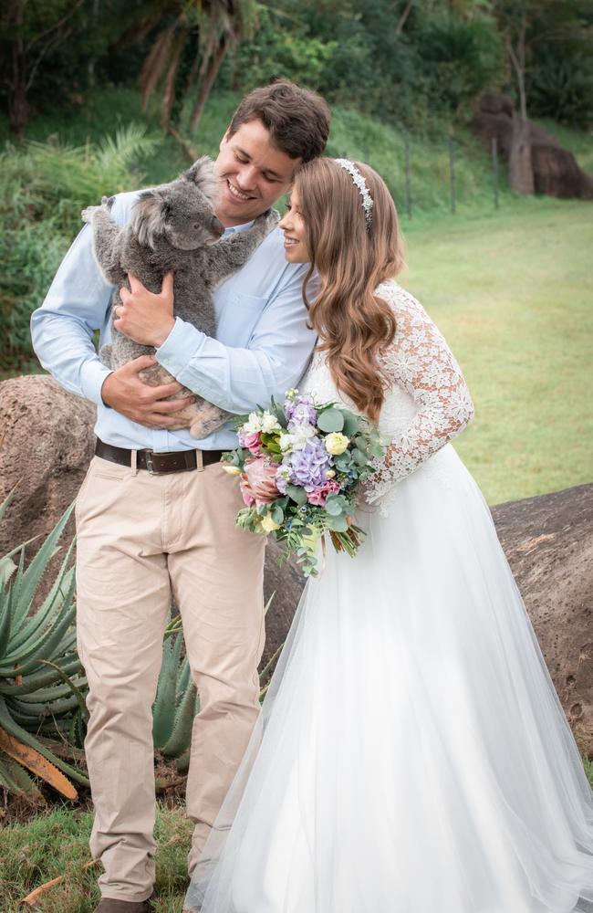 Chandler Powell and Bindi Irwin on their wedding day. Picture: Kate Berry