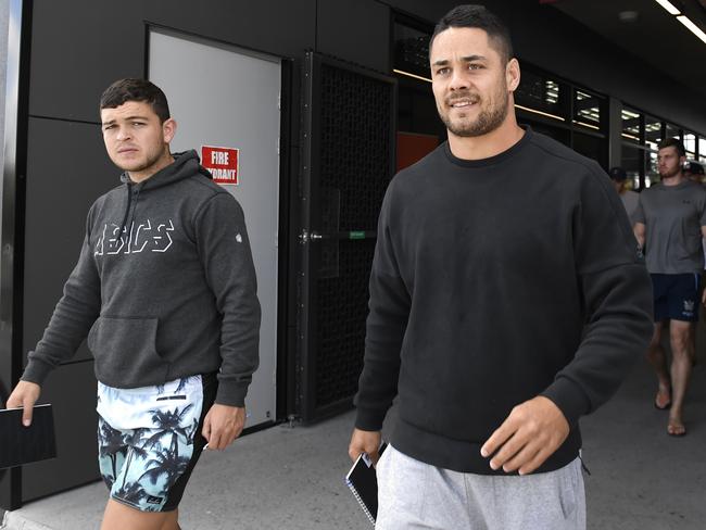 Gold Coast Titans players Jarryd Hayne (right) and Ashley Taylor (left). Picture: AAP