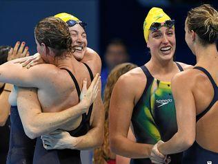 CHAMPION EFFORT: Sunshine Coast product Brittany Elmslie, third from left, claimed plenty of medals on the international stage. She is pictured with Bronte Campbell, Cate Campbell, and Emma McKeon after winning the 4x100 freestyle relay at the Rio Olympics in 2016.