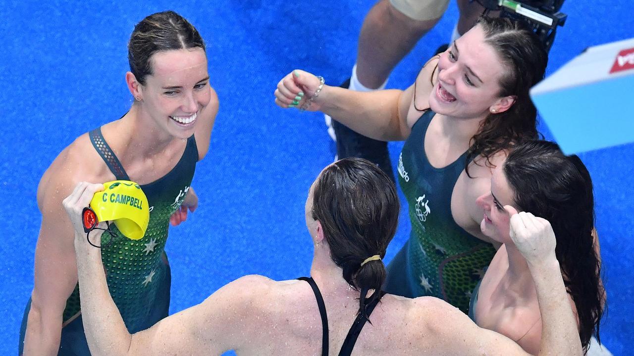 Australia's Emma McKeon (L), Australia's Chelsea Hodges (2R), Australia's Kaylee McKeown (R) and Australia's Cate Campbell