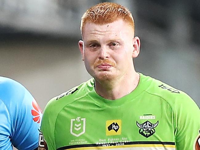 SYDNEY, AUSTRALIA - JUNE 27:  Corey Horsburgh of the Raiders leaves the field with the trainer during the round seven NRL match between the Parramatta Eels and the Canberra Raiders at Bankwest Stadium on June 27, 2020 in Sydney, Australia. (Photo by Mark Kolbe/Getty Images)