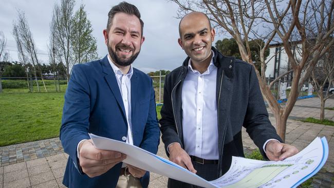 Lofty Property Group general manager Kris Antczak, left, with Lofty group director Gary Patel at the site of the soon to be built $35m shopping centre at Lightsview. Picture: Mark Brake