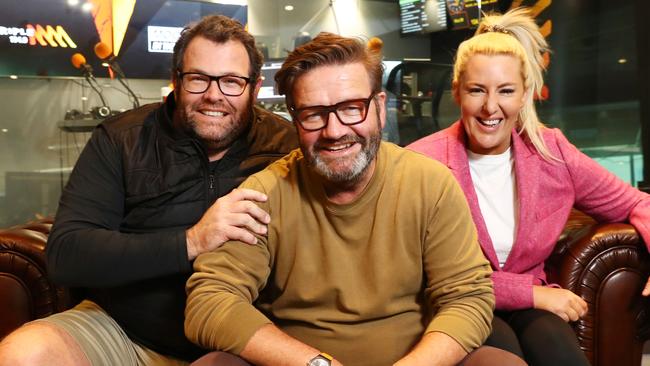 Triple M breakfast show hosts Gus Worland, Lawrence "Moonman" Mooney and Jess Eva in the studio in Sydney. Picture: John Feder/The Australia.