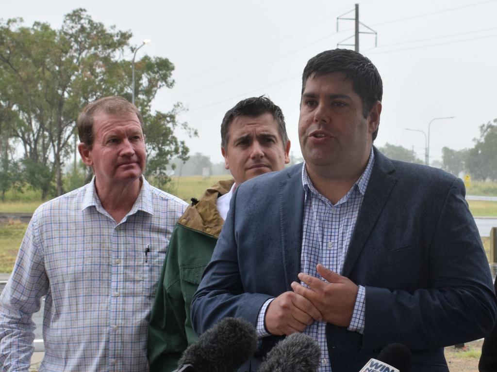 Qld Transport and Main Roads Brent Mickelberg speaking about Bruce Highway and Rockhampton Ring Road funding with (left to right) Mirani MP Glen Kelly, Keppel MP Nigel Hutton, Rockhampton MP Donna Kirkland and Federal Infrastructure, Transport, Regional Development and Local Government Minister Catherine King next to the Bruce Highway at Midgee on March 19, 2025.