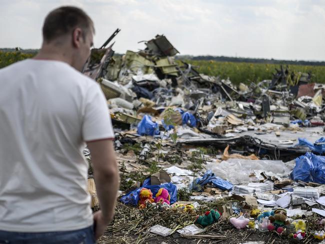 A man looks at the debris scattered at the crash site of the downed Malaysia Airlines flight MH17, in a field near the village of Grabove, in the Donetsk region, on July 23, 2014. The first bodies from flight MH17 arrived in the Netherlands on July 23 almost a week after it was shot down over Ukraine, with grieving relatives and the king and queen solemnly receiving the as yet unidentified victims. AFP PHOTO/ BULENT KILIC