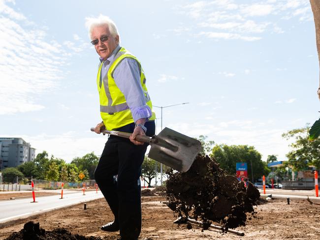 The first trees are being planted at Daly St on the CBD beautification project, Darwin. Lord Mayor of Darwin the Hon. Kon Vatskalis takes great pride in planting the first tree of the project.Picture: Che Chorley