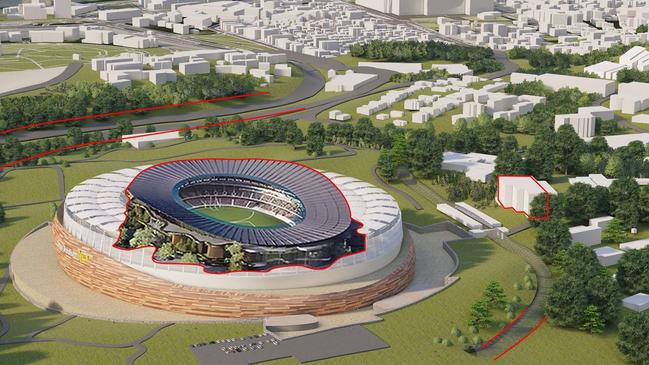 To scale overlay showing Perth’s Optus Stadium against the government's artist’s impression of a stadium in Victoria Park. Excludes warm-up track and a 25,000-seat aquatic stadium also planned for the site. Picture: Save Victoria Park