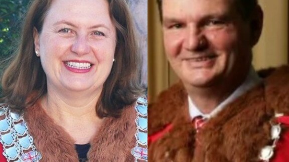 Ipswich mayor Teresa Harding and former disgraced mayor Paul Pisasale wearing the city's mayoral robes.