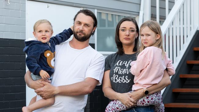 Queensland family Ivan Aul with his wife, Krystal and their children Neriyah, 5, and Lula, 2, are unable to return home from Sydney due to lockdown. Picture / Monique Harmer