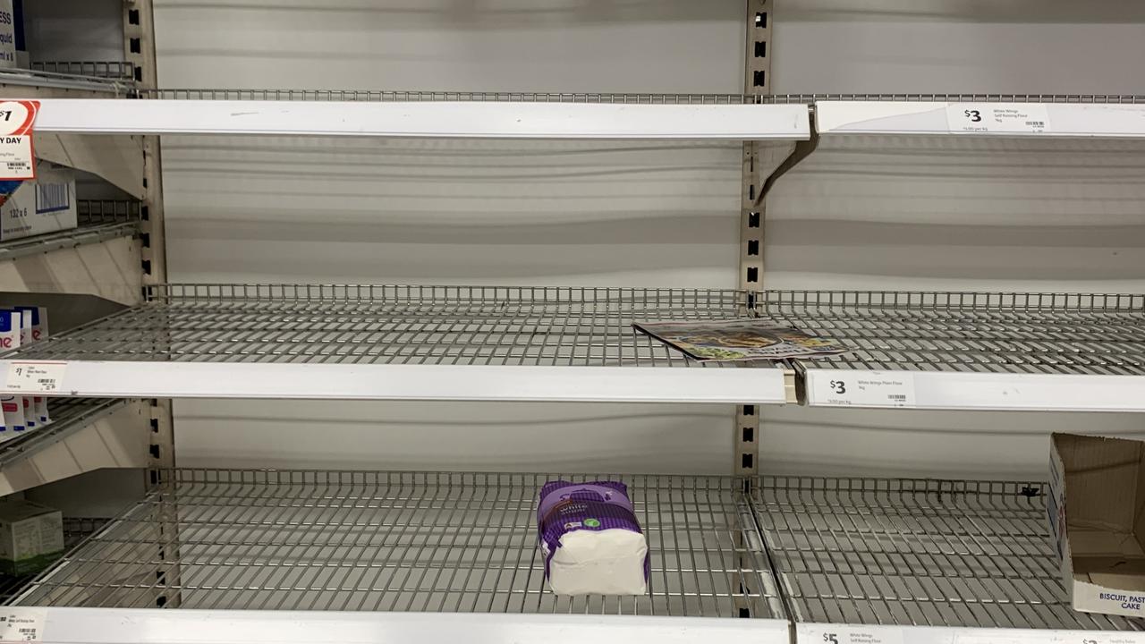 The depleted state of the flour and sugar shelf at Coles Chatswood, in Sydney’s north.