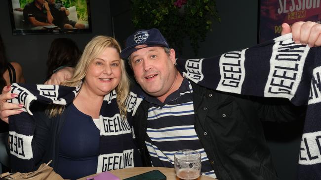 Sarah Nolan and Nick Platt are cheering on the Cats on Saturday night. Picture: Mark Wilson