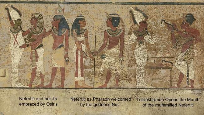 Fresh view ... Dr Reeve’s interpretation of one of the painted walls of King Tut’s tomb links it to Queen Nefertiti. Source: Nicholas Reeves