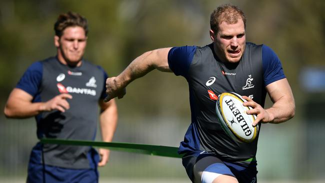 Michael Hooper and David Pocock of the Wallabies during a training session.