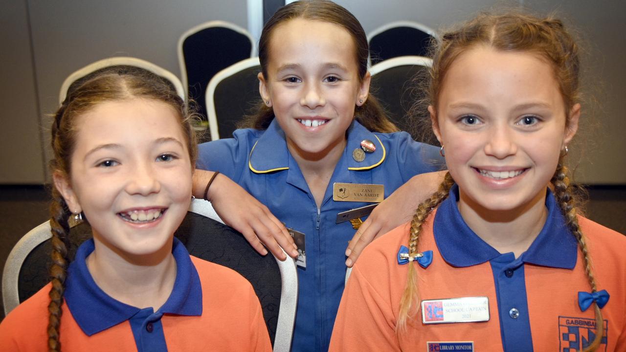 Gabbinbar State School captain, Kayla Brown (left) Zani Van Aardt from Glenvale State School and Gemma Gardner from Gabbinbar at this year’s Toowoomba regional mayor and councillor’s primary school captains and leaders morning tea at the Highfields Cultural Centre. Picture: Bev Lacey