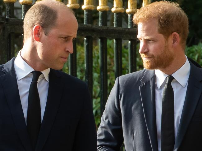 Prince William, the new Prince of Wales, and Prince Harry, the Duke of Sussex, arrive to view floral tributes to Queen Elizabeth II laid outside Cambridge Gate at Windsor Castle on 10th September 2022 in Windsor, United Kingdom. Queen Elizabeth II, the UK's longest-serving monarch, died at Balmoral aged 96 on 8th September 2022 after a reign lasting 70 years. (photo by Mark Kerrison/In Pictures via Getty Images)