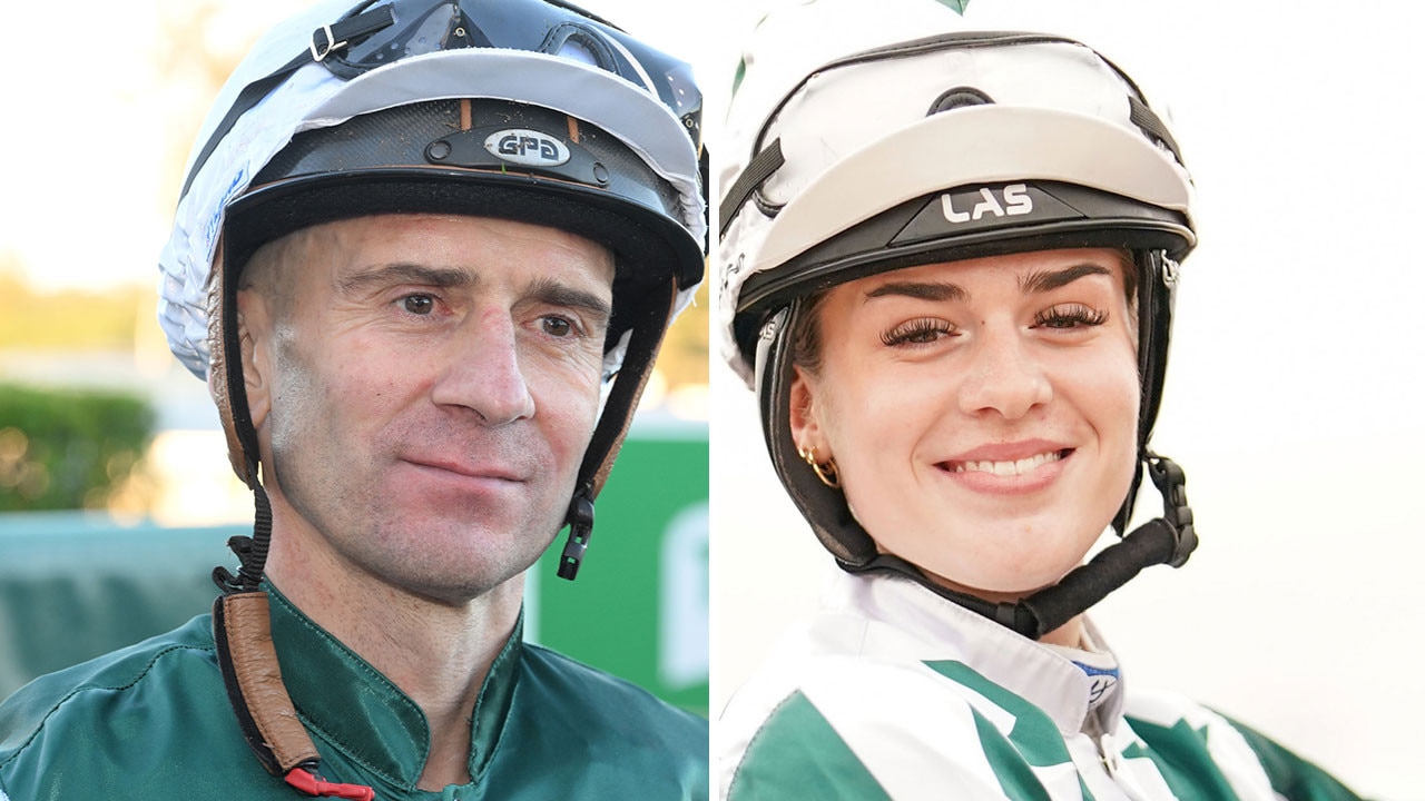 Sage Duric (right) is following in the footsteps of her jockey father, the Caulfield Cup-winning Vlad Duric (left). Pictures: Grant Peters, Trackside Photography / Getty Images