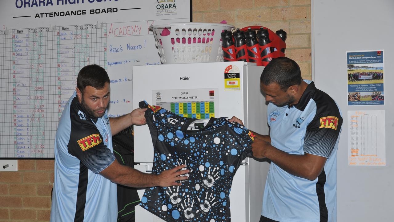 Cronulla Sharks players Shaun Johnson, Wade Graham and Will Chambers visit Orara High School. Sharks major sponsor Aramex made a $5000 donation to the Clontarf Foundation which operates at the school.