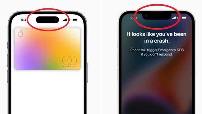 The gap in specification between the iPhone 14 and more expensive iPhone 14 Pro is stark. Only the Pro on the left features the new dynamic island (ringed) and always on features. The standard iPhone 14 (right) is much the same design as the iPhone 13.