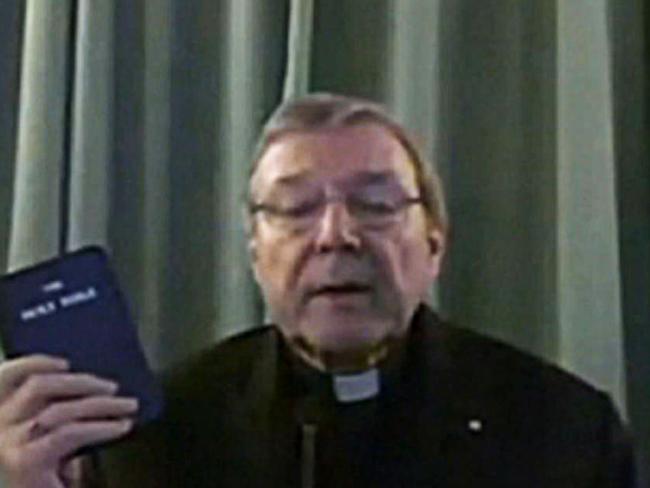 On the stand ... Cardinal George Pell giving evidence via video link to the Royal Commission. Picture: Supplied