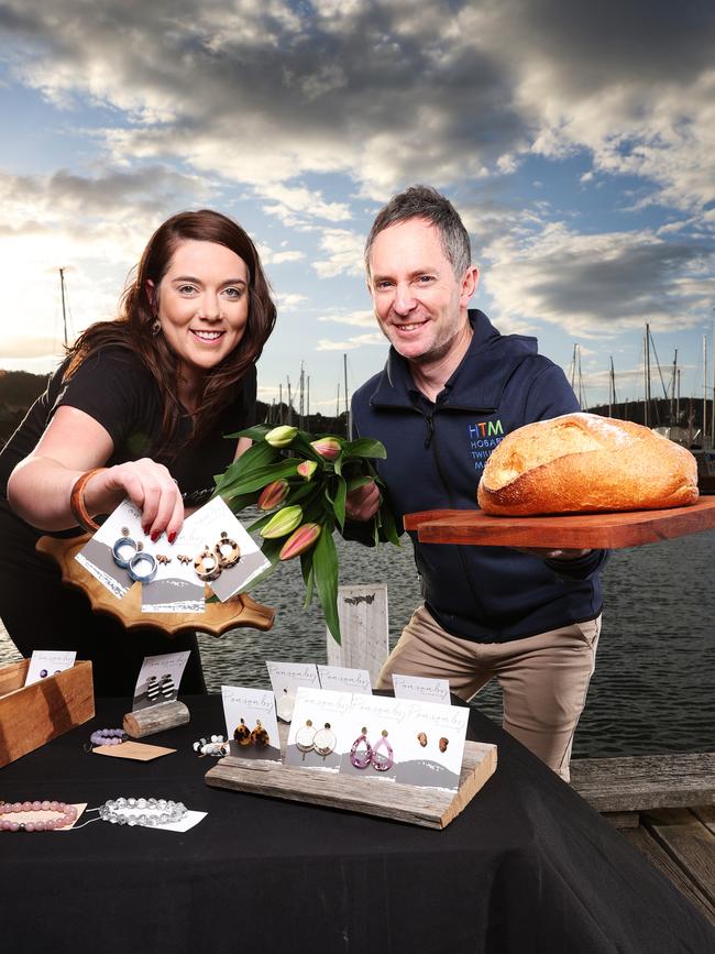 Stallholder and owner of Ponsonby Tasmania, Holly Rowlands, and operations manager of the Hobart Twilight Market, Justin Davies ahead of the start of the Tasmanian Produce Market at Bellerive in October. Picture: ZAK SIMMONDS