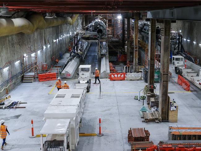 Melbourne's Metro tunnel will reach another massive milestone with digging on the next section of the tunnel beginning deep under Domain. Tunnel boring machines at the bottom of the Anzac Station site have been assembled ready to begin tunnelling. Picture : Ian Currie