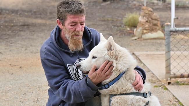 David Wallace, a friend of Sean Ferris, with Sean’s dog Buddy. Picture: Brenton Edwards