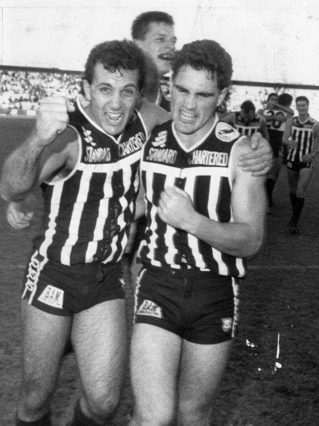 George Fiacchi (L) and Tim Ginever after winning a match against North Adelaide in 1988. Picture: Stuart Hanagan