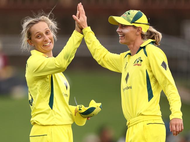 SYDNEY, AUSTRALIA - JANUARY 21: Ashleigh Gardner of Australia celebrates taking the wicket of Ayesha Naseem of Pakistan during game three of the Women's One Day International Series between Australia and Pakistan at North Sydney Oval on January 21, 2023 in Sydney, Australia. (Photo by Robert Cianflone/Getty Images)