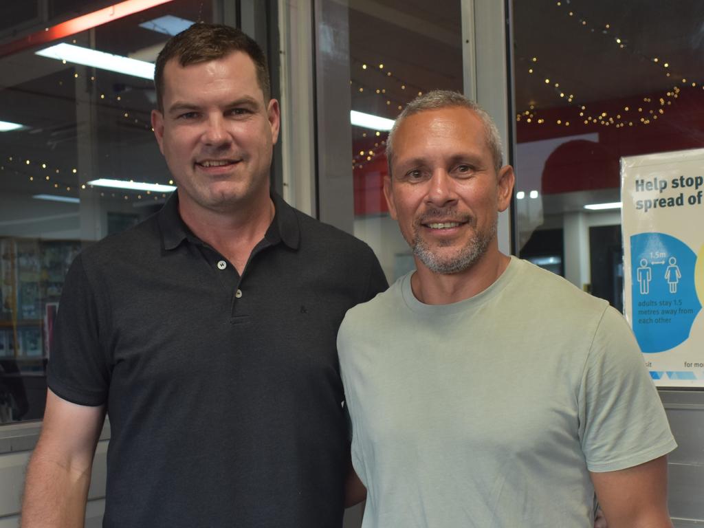 Grant Broadhurst and Lionel Harbin at the Capras versus Comets Legends game at Rugby Park, Rockhampton, on October 26, 2024.