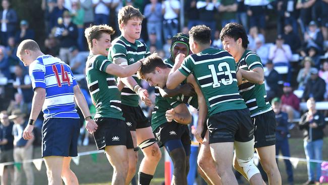 BBC players celebrate a try GPS first XV rugby between Nudgee and BBC Saturday August 6, 2022. Picture, John Gass