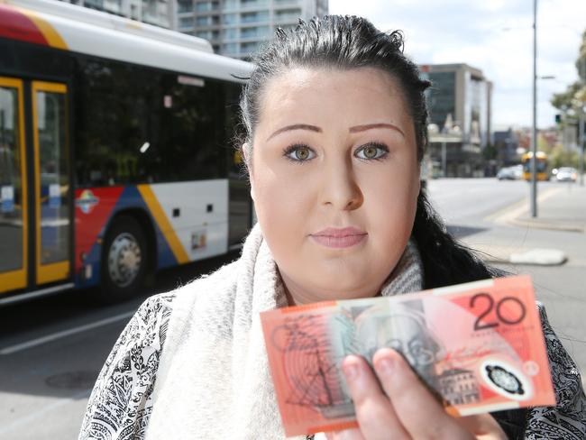 Chelsea Pinn 21 of Para Vista at Grenfell Street/Hind marsh Square, Adelaide. Chelsea was refused a bus ticket when she only had a $20 note. 27/09/16 Picture: Stephen Laffer