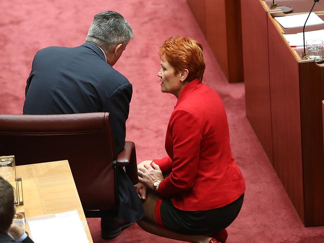 Finance Minister Mathias Cormann speaking with Senator Pauline Hanson before tax cuts pass. Picture Kym Smith